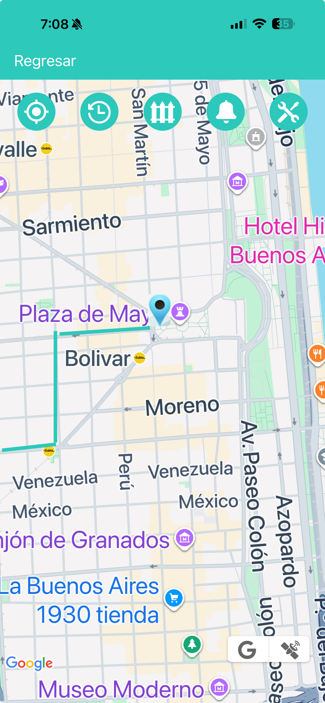 App Cuidados — mapa con la ubicación y el recorrido en Buenos Aires